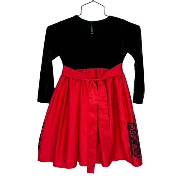RARE EDITIONS | Black Velvet Baby Doll Red Satin Floral Glitter Dress | Kid's 5 - Picture 2 of 9